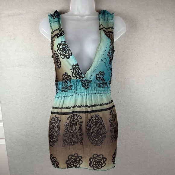 Agaci-too Tops - Agaci-too Teal Brown Y2K Tank Top Boho Whimsygoth Witchy Retro Sexy Size S
